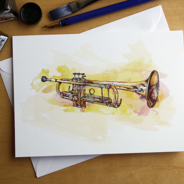 Yamaha YTR 6335H Trumpet pen and ink greeting card, illustrated by Steve Barker. Designed and printed in the UK