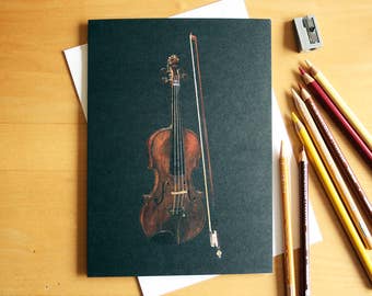 Violin coloured pencil drawing greeting card, illustrated by Steve Barker. Designed and printed in the UK