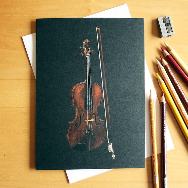 Violin coloured pencil drawing greeting card, illustrated by Steve Barker. Designed and printed in the UK