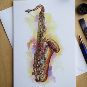 Tenor Saxofon Grußkarte, Tuschezeichnung, Illustration von Steve Barker. Entworfen und gedruckt in Großbritannien