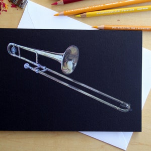 Dessin au crayon de couleur pour carte de voeux pour trombone ténor, illustré par Steve Barker. Conçu et imprimé au Royaume-Uni