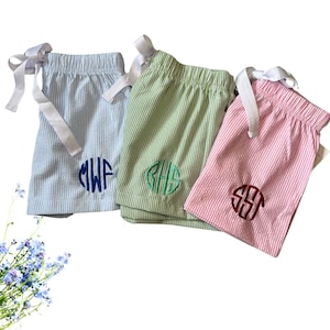 Seersucker Sleep shorts / monogrammed sleep shorts / seersucker bridesmaids shorts / Matching Pajama boxer shorts / getting ready shorts