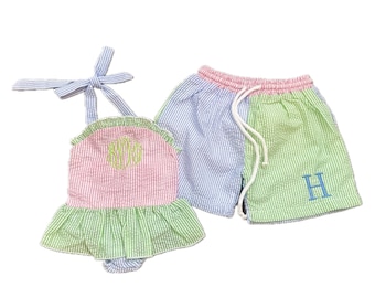 Custom Baby Swimsuits / Youth Seersucker Beachwear / Personalized Swimsuit with monogram / Personalized embroidered Bathing suits