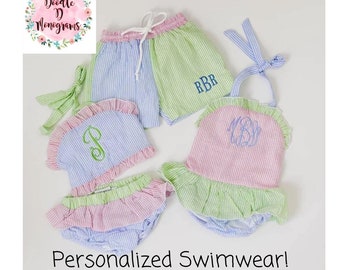 Children's customized Swimwear / Youth Seersucker Beachwear / Personalized Swimsuit with monogram / Custom embroidered Bathing suits