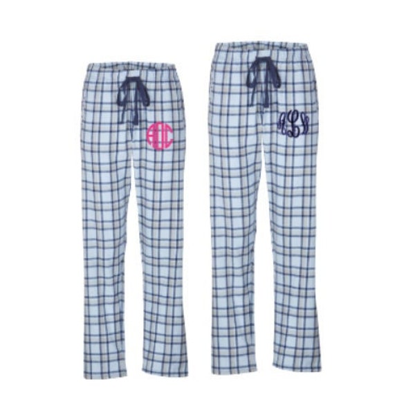 Monogrammed Flannel Pajama Pants / Monogrammed Pajama pants / plaid pj pants / personalized pajamas / Light Blue plaid pajamas