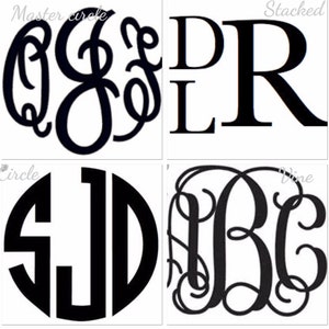 K&ouml;nnte beinhalten: Vier verschiedene Monogrammstile, darunter ein Kreis, ein gestapelter und ein Ranken. Die Monogramme sind alle in Schwarzwei&szlig;.