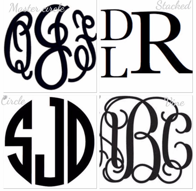 K&ouml;nnte beinhalten: Vier verschiedene Monogrammstile, darunter ein Kreis, ein gestapelter und ein Ranken. Die Monogramme sind alle in Schwarzwei&szlig;.