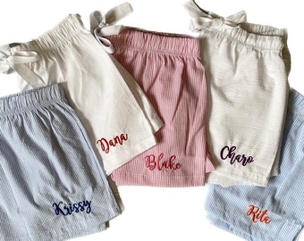 Seersucker Sleep shorts / monogrammed sleep shorts / seersucker bridesmaids shorts / Matching Pajama boxer shorts / getting ready shorts