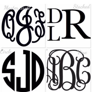 May include: Four different monogram styles, including a circle monogram, stacked monogram, and two different vine monograms. The monograms are all in black and white.