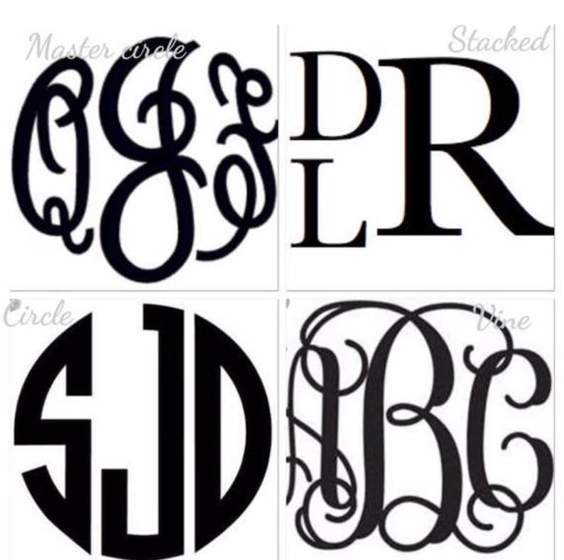May include: Four different monogram styles, including a circle monogram, stacked monogram, and two different vine monograms. The monograms are all in black and white.