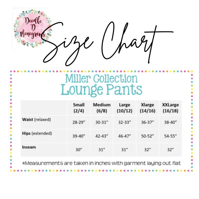 K&ouml;nnte beinhalten: Gr&ouml;&szlig;entabelle f&uuml;r Miller Collection Lounge Pants in den Gr&ouml;&szlig;en klein (2/4), mittel (6/8), gro&szlig; (10/12), extra gro&szlig; (14/16) und extra extra gro&szlig; (16/18). Die Ma&szlig;e sind f&uuml;r die Taille (entspannt), die H&uuml;ften (ausgedehnt) und die Innenbeinl&auml;nge in Zoll angegeben.