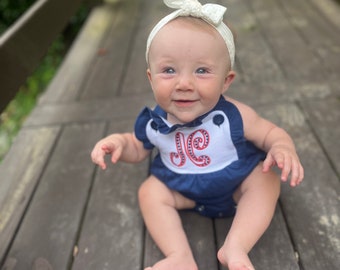 Personalized Navy Blue Baby Bubble / Girls Sun Suit / Monogrammed Ruffle Romper / Monogrammed Sunsuit / Personalized Sunsuit