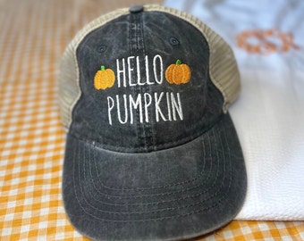 Embroidered Fall Trucker Cap / Hello Pumpkin Trucker hat / Fall Pumpkin Ballcap / Fall Baseball Cap