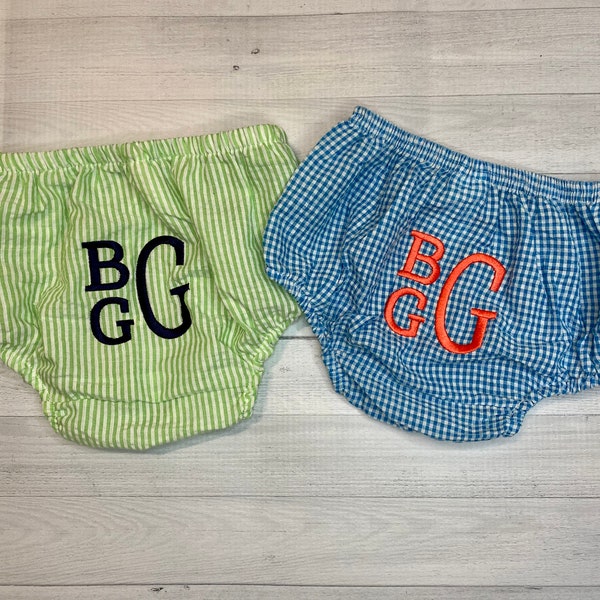 Monogram Seersucker Gingham Diaper Covers / unisex diaper cover / seersucker bloomers