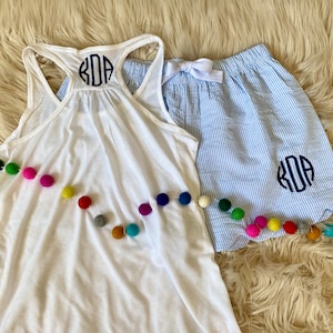 Personalized sleep shorts Set / Seersucker pajamas / monogrammed pajama gifts / Seersucker pj shorts and tank