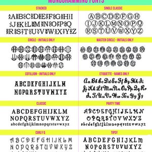 May include: A chart showing different monogram font styles. The styles include stacked, single classic, circle initials only, cotillion initials only, classic, curly Q, etiquette names only, party time, and tipsy.