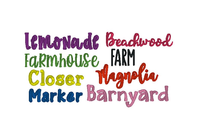 May include: A collection of colorful words, including "Lemonade", "Farmhouse", "Beachwood", "Farm", "Closer", "Magnolia", "Marker", and "Barnyard".