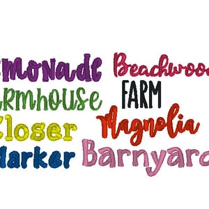 K&ouml;nnte beinhalten: Eine Sammlung bunter W&ouml;rter, darunter "Lemonade", "Farmhouse", "Beachwood", "Farm", "Closer", "Magnolia", "Marker" und "Barnyard".