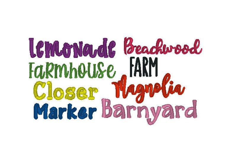 K&ouml;nnte beinhalten: Eine Sammlung bunter W&ouml;rter, darunter "Lemonade", "Farmhouse", "Beachwood", "Farm", "Closer", "Magnolia", "Marker" und "Barnyard".