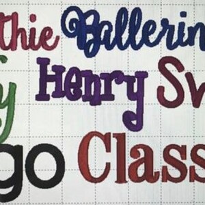 May include: A close-up of a white surface with various embroidered names in different colors, including Smoothie, Ballerina, Lady, Henry, Sweet, Lego, and Classic.