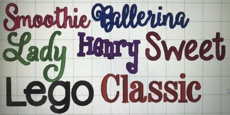 May include: A close-up of a white surface with various embroidered names in different colors, including Smoothie, Ballerina, Lady, Henry, Sweet, Lego, and Classic.