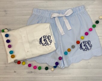 Monogrammed Oxford and seersucker shorts /Seersucker boxes and Oxford set / monogram bridesmaid shorts / Monogram Bridal Outfit