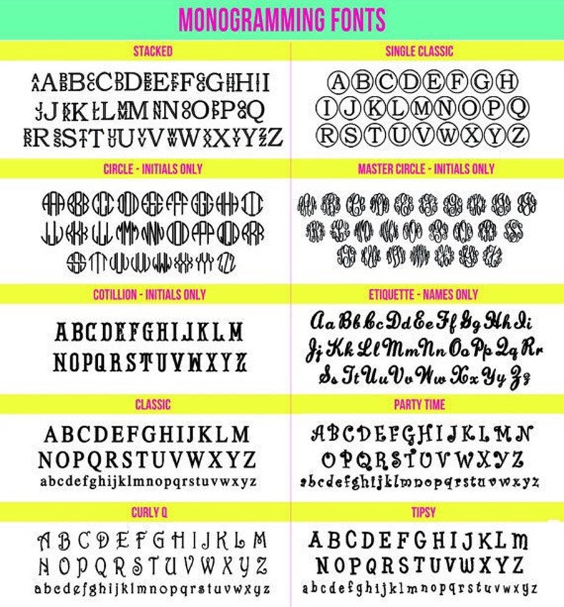 K&ouml;nnte beinhalten: Ein Diagramm, das verschiedene Monogrammschriftarten zeigt. Die Schriftarten sind mit "Stacked", "Single Classic", "Circle - Initials Only", "Master Circle - Initials Only", "Cotillion - Initials Only", "Etiquette - Names Only", "Classic", "Party Time", "Curly Q" und "Tipsy" beschriftet.