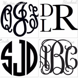 K&ouml;nnte beinhalten: Vier verschiedene Monogrammstile, darunter ein Kreis, ein gestapelter und ein Ranken. Die Monogramme sind alle in Schwarzwei&szlig;.