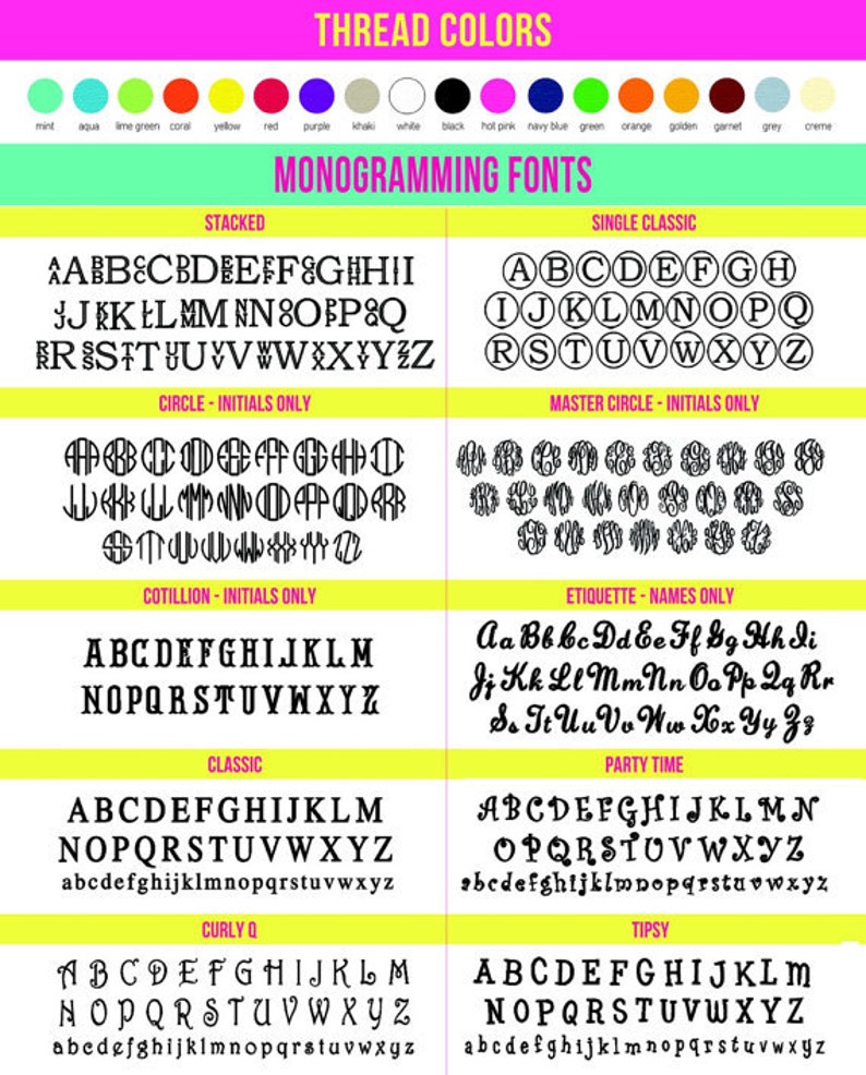 K&ouml;nnte beinhalten: Ein Diagramm, das verschiedene Monogramm-Schriftarten und Garnfarben f&uuml;r Stickereien zeigt. Die Schriftarten umfassen gestapelt, klassisch einfach, Kreis - nur Initialen, Cotillon - nur Initialen, klassisch, geschwungene Q, Meisterkreis - nur Initialen, Etikette - nur Namen, Partyzeit und Tipsy. Die Garnfarben umfassen Minze, Aqua, Limettengr&uuml;n, Koralle, Gelb, Rot, Lila, Khaki, Wei&szlig;, Schwarz, Pink, Marineblau, Gr&uuml;n, Orange, Gold, Granat, Grau und Creme.