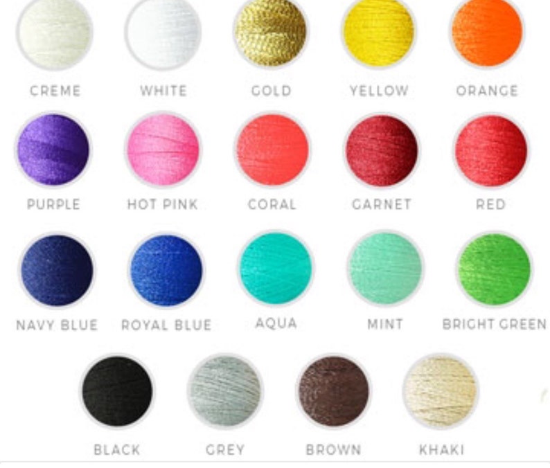 May include: A color chart of embroidery floss with 18 different colors, including creme, white, gold, yellow, orange, purple, hot pink, coral, garnet, red, navy blue, royal blue, aqua, mint, bright green, black, grey, brown, and khaki.
