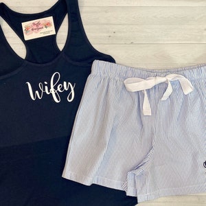 Monogrammed Pajama Set / Ladies Custom Pajamas / Personalized Sleep Set / Tank Top and Boxer Set / Seersucker Boxer and Tank