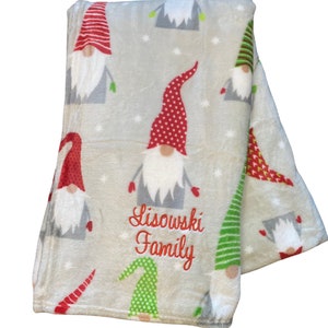 Monogrammed Christmas Blanket / Monogram Fleece Blanket / Personalized Holiday Blankets / Embroidered Gnome Christmas Blanket