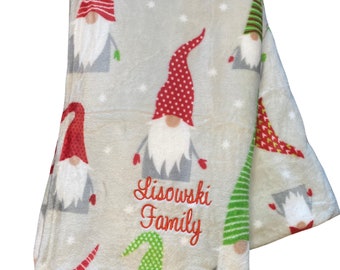 Monogrammed Christmas Blanket / Monogram Fleece Blanket / Personalized Holiday Blankets / Embroidered Gnome Christmas Blanket