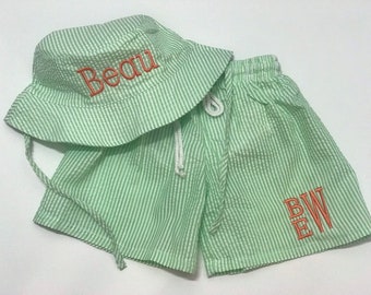 Personalized Boy Swimsuit and Bucket Hat /  Boy's Sunhat and swim short / Monogrammed Seersucker swim Trunks with Sun Hat