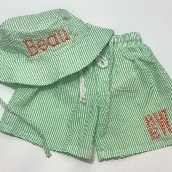 Personalized Boy Swimsuit and Bucket Hat /  Boy's Sunhat and swim short / Monogrammed Seersucker swim Trunks with Sun Hat