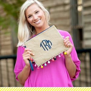 Monogrammed Pom Pom Clutch / Burlap Pom Pom Pouch / Bridesmaid Gifts / Monogrammed Purse / Pom Pom Purse / Personalized Clutch Purses