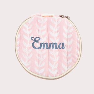 Pink Monogram Block Print Travel Case, Personalized Accessory Pouch, Round Zippered Organizer for Jewelry Cosmetics, Bridesmaid Gift