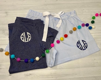 Monogrammed Pajama Set / Personalized Tee and Boxer / Monogrammed V-Neck Tee / Seersucker pajama set