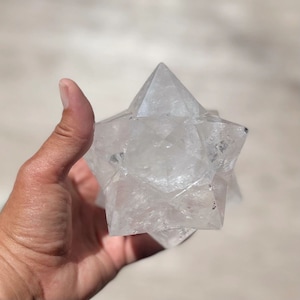 Hand Carved Quartz Merkaba Star: Sacred Geometry Crystal, 4&quot;