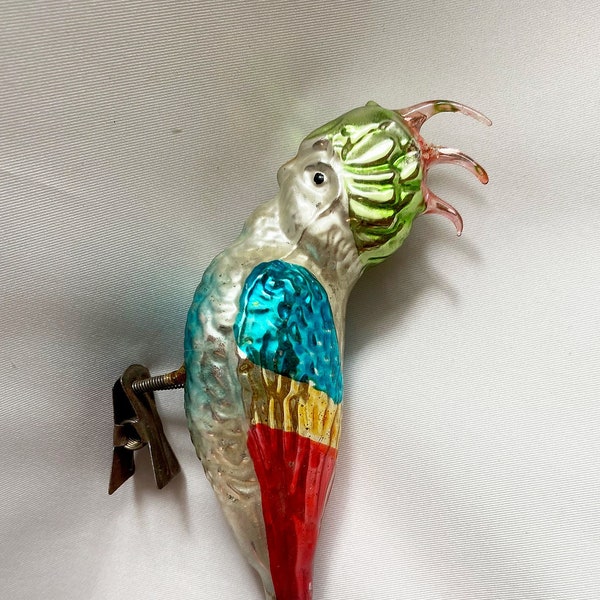 Vintage German Clip On Bird Christmas Ornament Cockatiel Parrot Blown Glass Bird Ornament