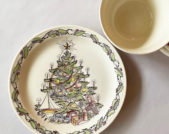 Vernon Kilns Christmas Cup and Saucer Vernon's Christmas Tree 1940s Holiday Dinnerware Christmas Tree Plate