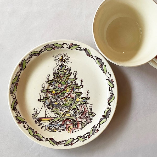 Vernon Kilns Christmas Cup and Saucer Vernon's Christmas Tree 1940s Holiday Dinnerware Christmas Tree Plate