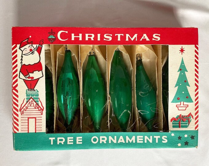 Vintage Glass Christmas Ornaments Icicles Poland in Box, Retro Green