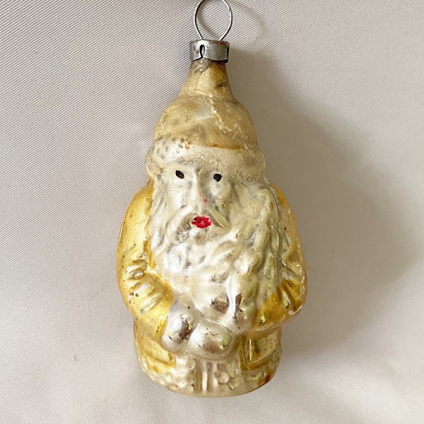 Vintage Glass Ornament Gold Coat Santa Holding Tree, Antique Figural Glass Christmas Ornament