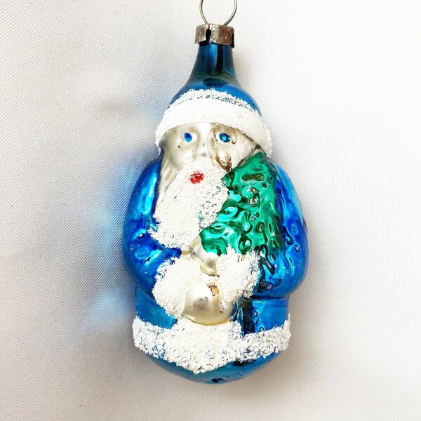 Vintage Blue Coat Santa Figural Glass Christmas Ornament, Czech Santa Holding Tree Ornament 1950s