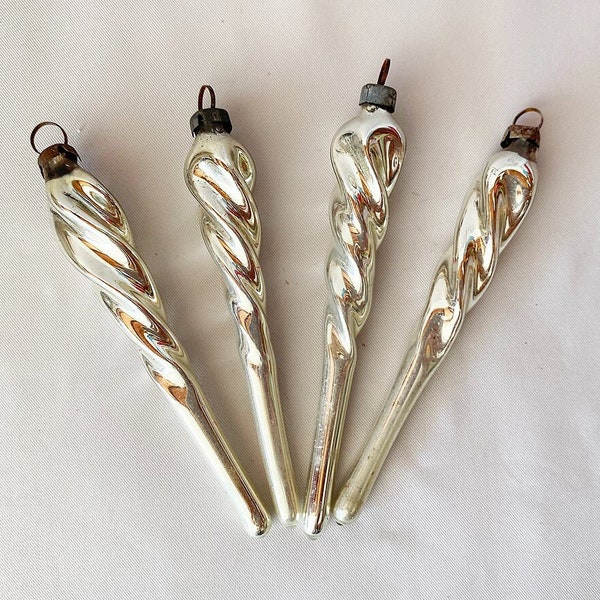 1920s Antique Free Blown Twisted Icicle Ornaments Lot, 4 Silver Mercury Glass Spiral Icicles, Vintage German Glass Ornaments