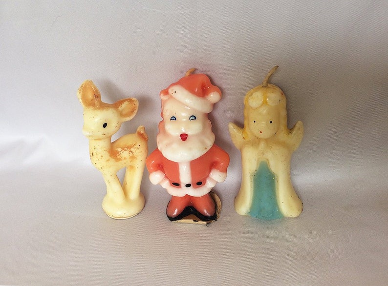 Gurley Tavern Christmas Candles 3 Vintage Christmas Candles Vintage GURLEY Candles 1940s Gurley Santa Rudolph Angel Candle Decorations