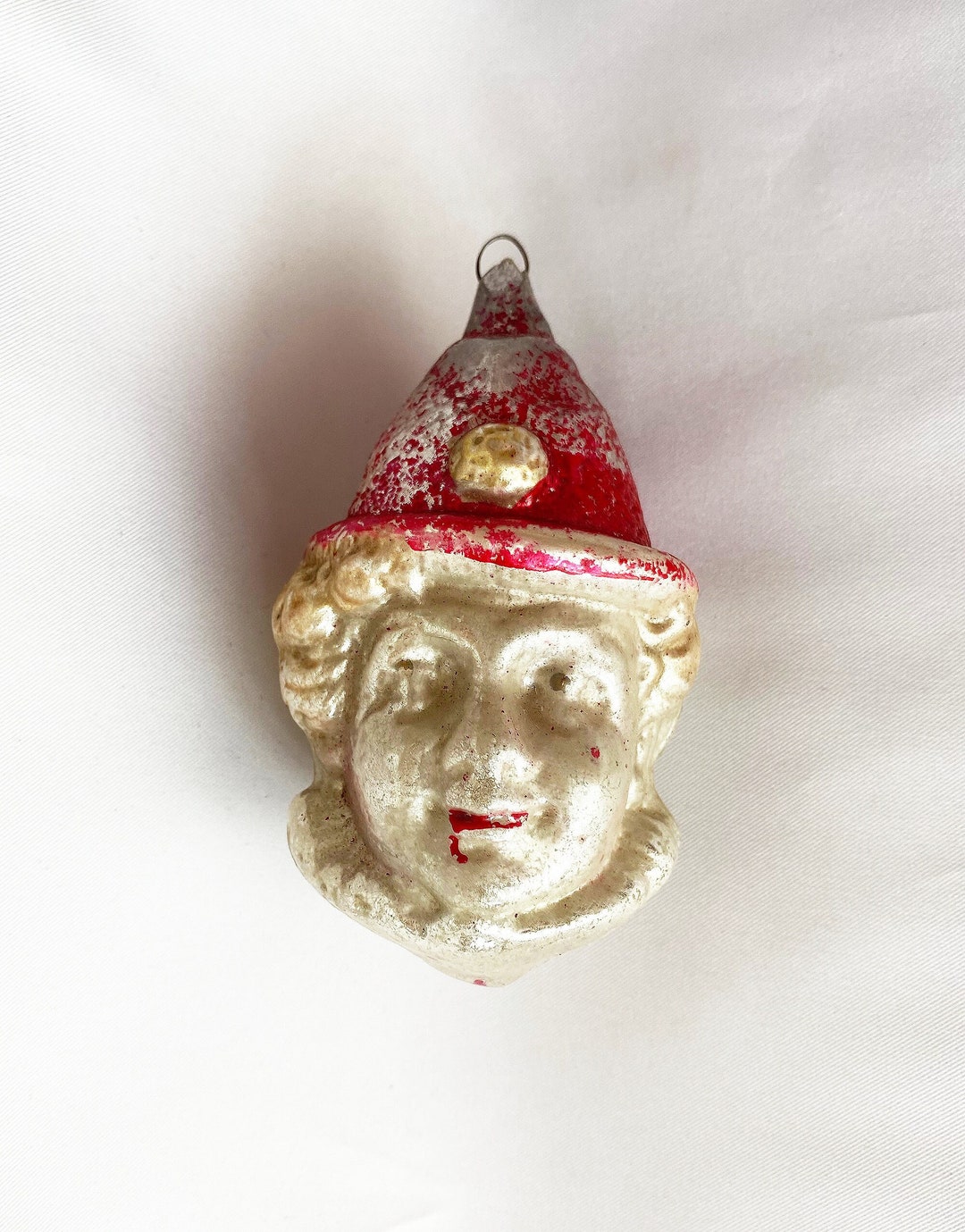 1900s Antique Glass Christmas Ornament Boy Clown Head, Vintage Large