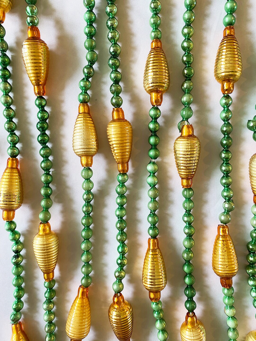 Vintage Glass Garland With Large Gold Beehive Lantern Beads, 8.5' Green