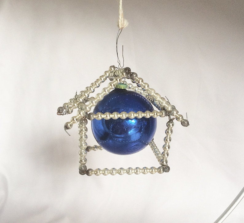 1950s Vintage BEADED HOUSE Caged Christmas Ornament Japan Hand Made Vintage Caged House Ornaments Vintage Japan Mercury Glass Ornaments